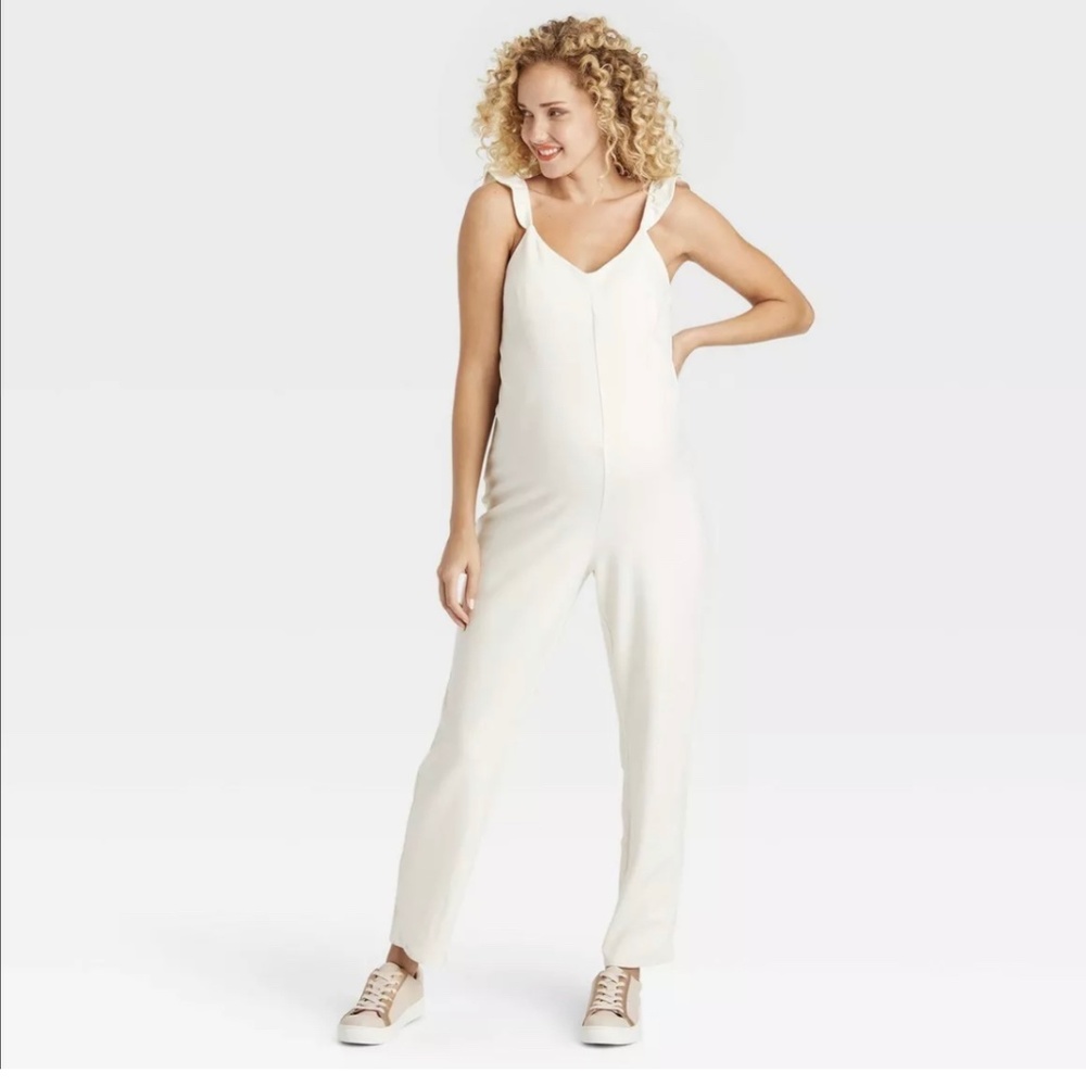 The Nines by Hatch Maternity Romper Cream Color Ruffle Straps SMALL.